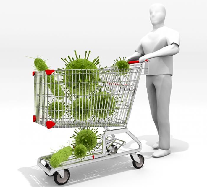 person pushing a shopping trolley full of noroviruses.