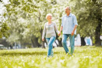 A man and woman walking