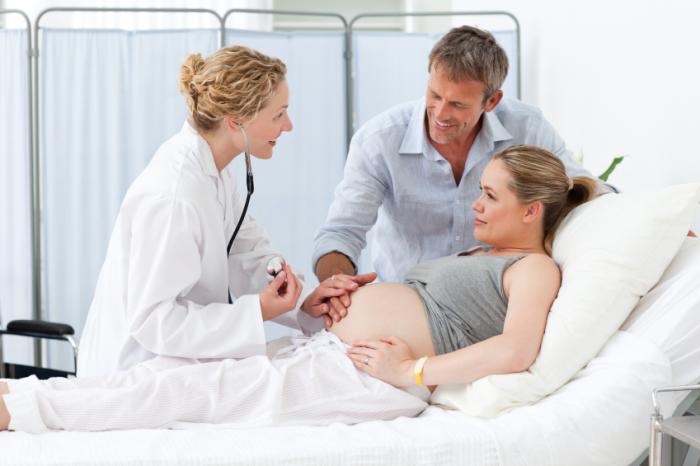 Pregnant lady and partner with doctor.