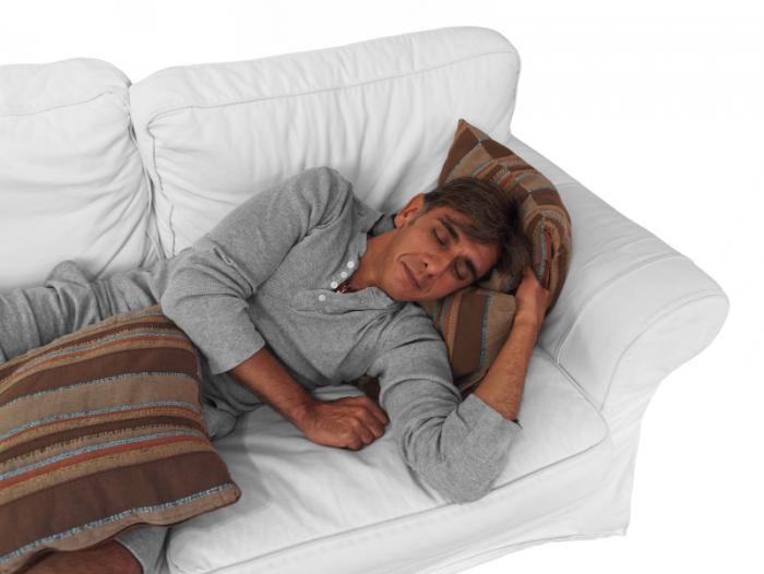 A man is having a nap on a sofa.