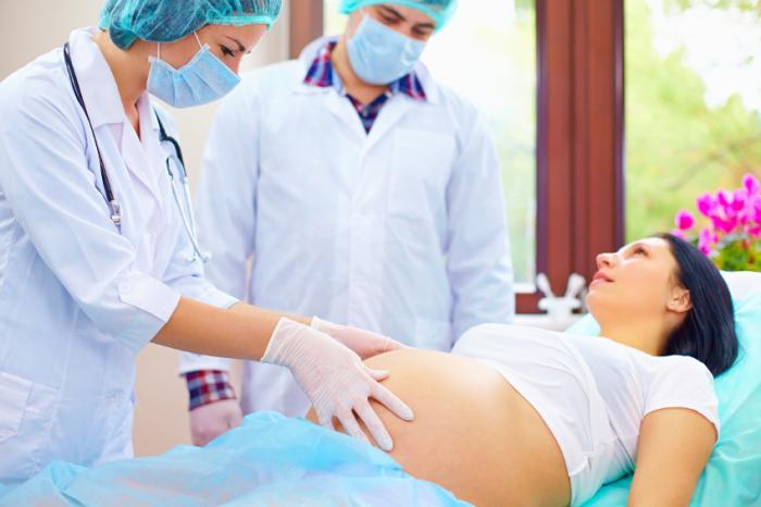 Pregnant woman's belly is being examined by doctors.