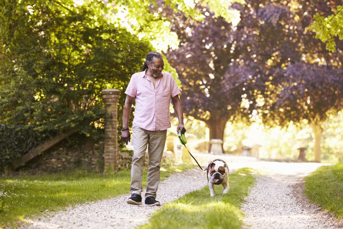 man walking dog