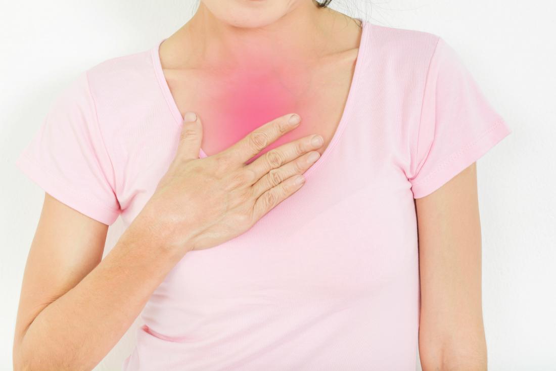 Lady holding chest due to acid reflux