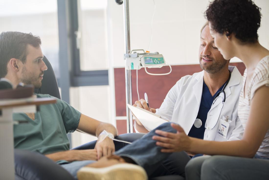 man having chemotherapy with love one and doctor discussing notes