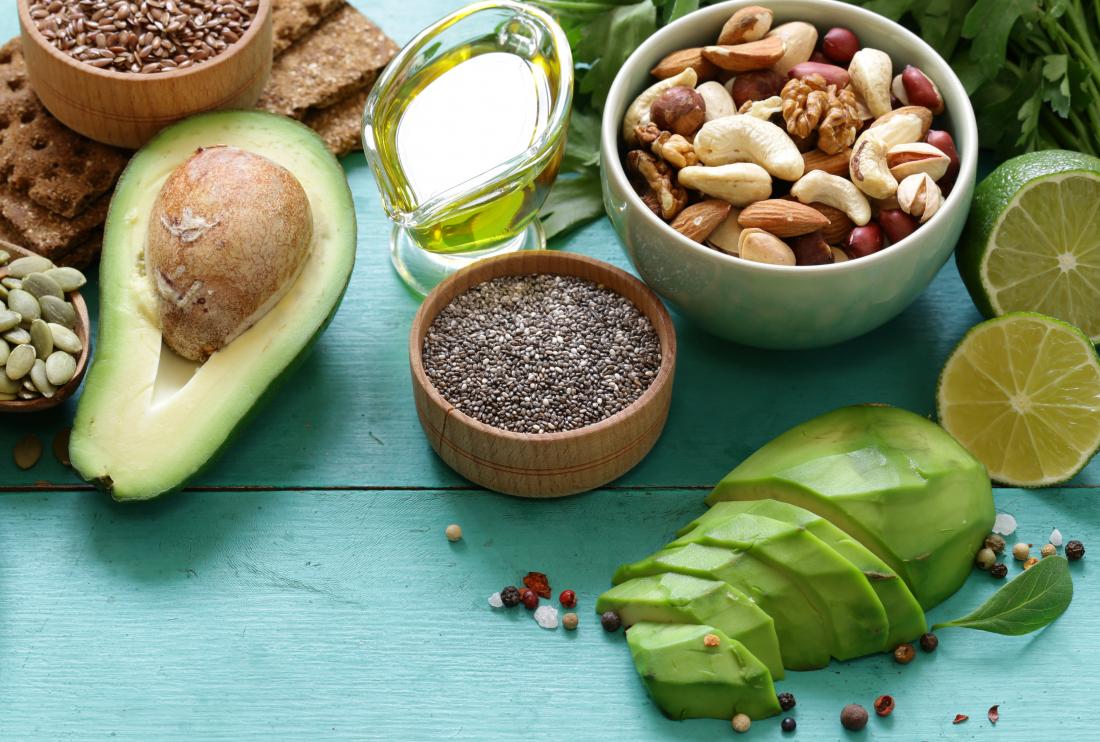 high fat plant foods containing omega 3 fatty acids including olive oil avocado nuts and seeds
