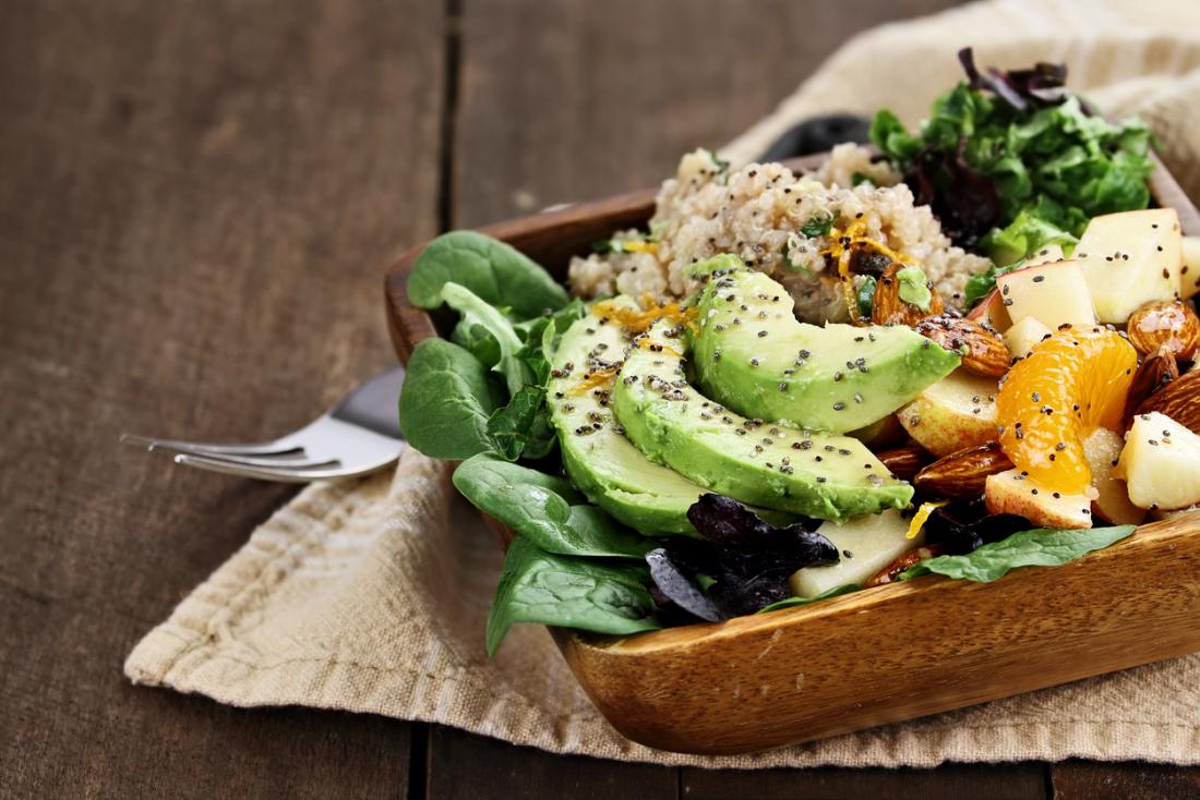 salad with avocado nuts chia seeds and grains
