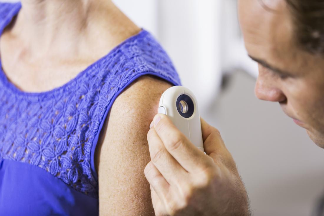 Dermatologist inspecting skin.