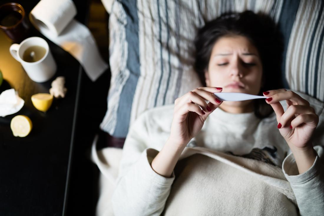 Woman in bed with fever and temperature thermometer.