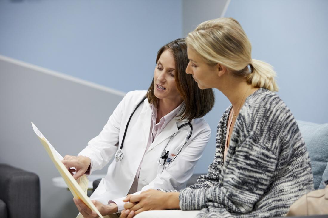 Female doctor and patient discussing test results.