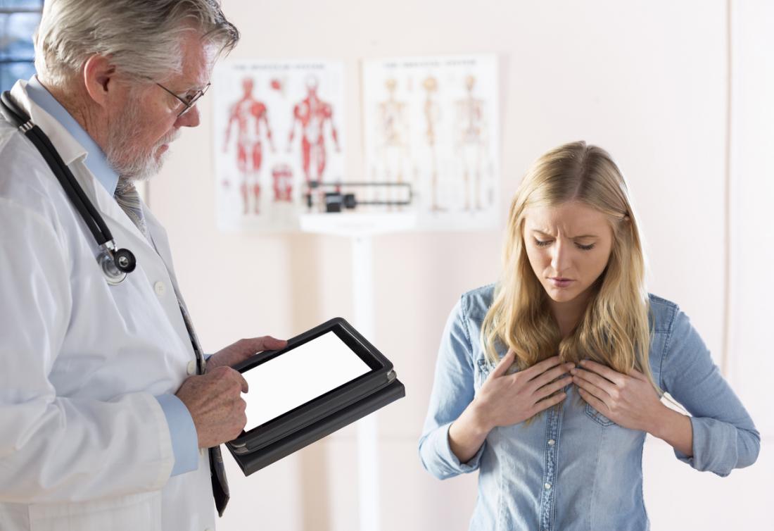 Woman suffering from gastro‐esophageal reflux disease or GERD in doctor's office, holding her chest in pain, while a doctor makes notes on a tablet.