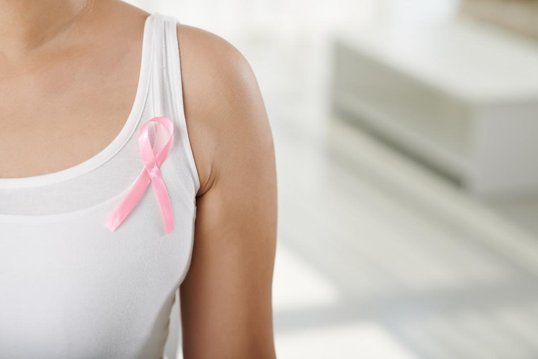 Pink breast cancer ribbon on women's vest.