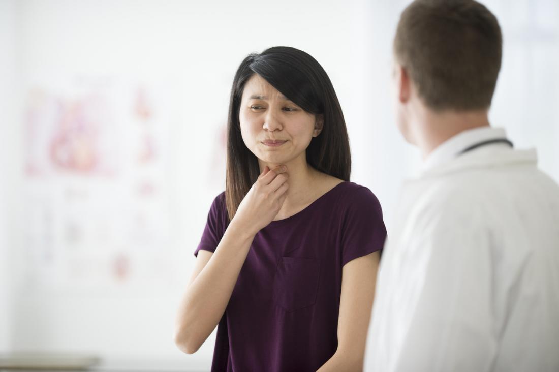 Lady with a sore throat in the doctors surgery