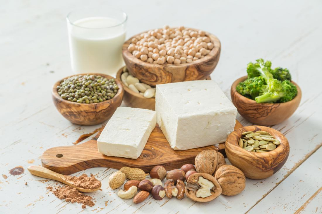 Vegan sources of protein, including beans, nuts, soya milk, tofu, and vegetables.