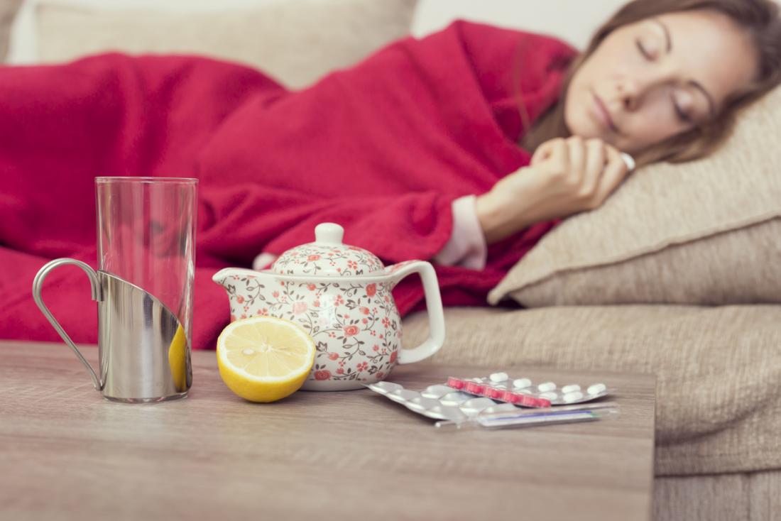 Woman resting while suffering from flu or cold, with lemon tea and medicines.