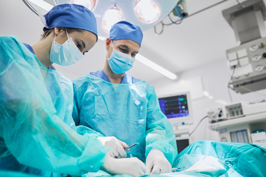 Surgeons in operating theatre about to perform Laparoscopic cholecystectomy.