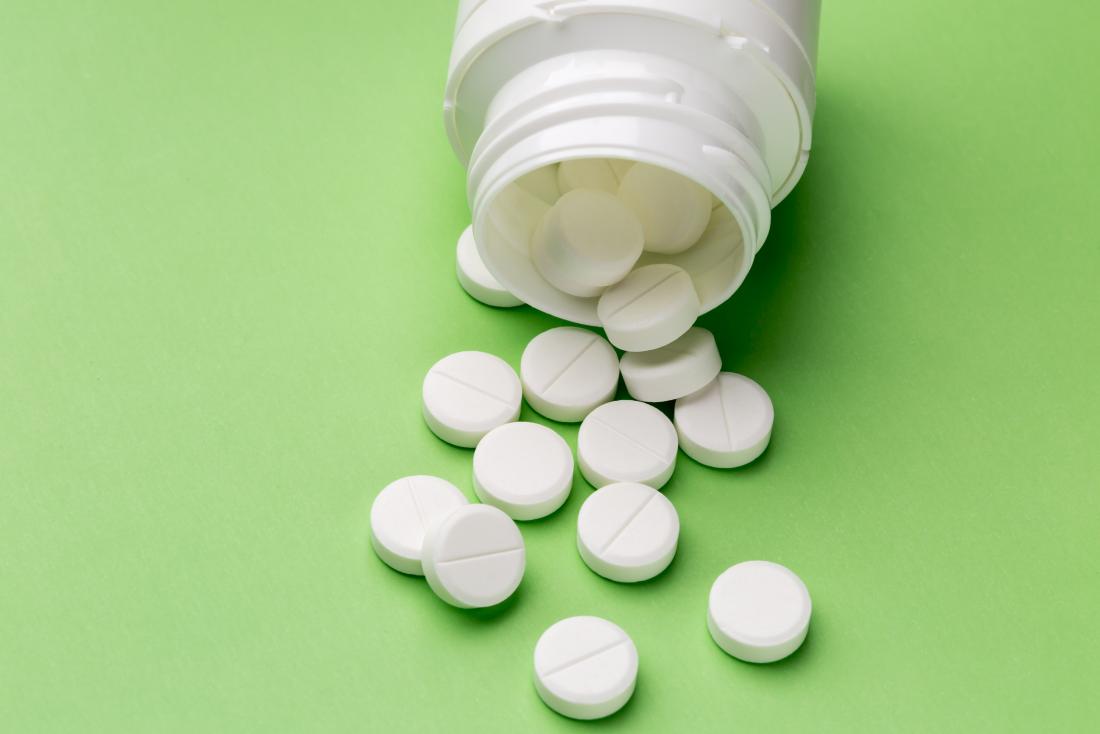 Bottle of aspirin pills spilling out on green surface.