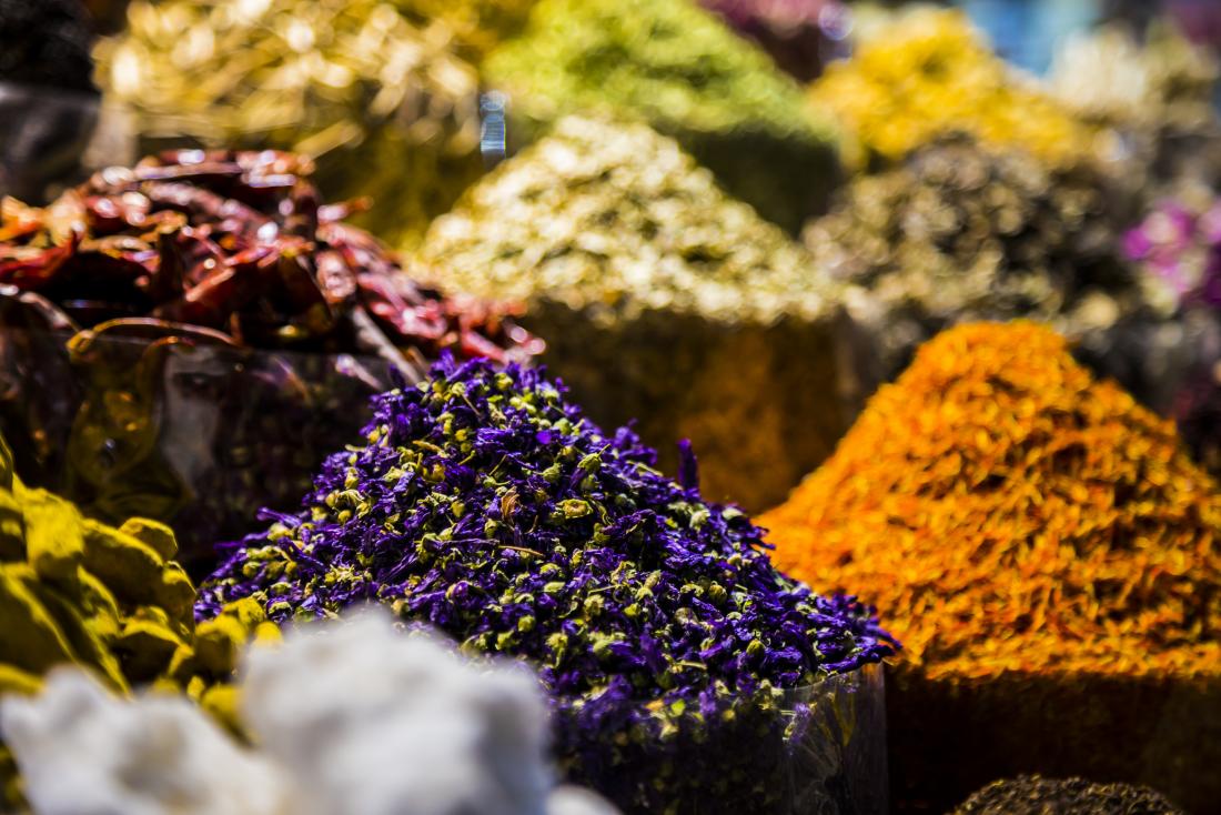 Herbs and spices on market stall.