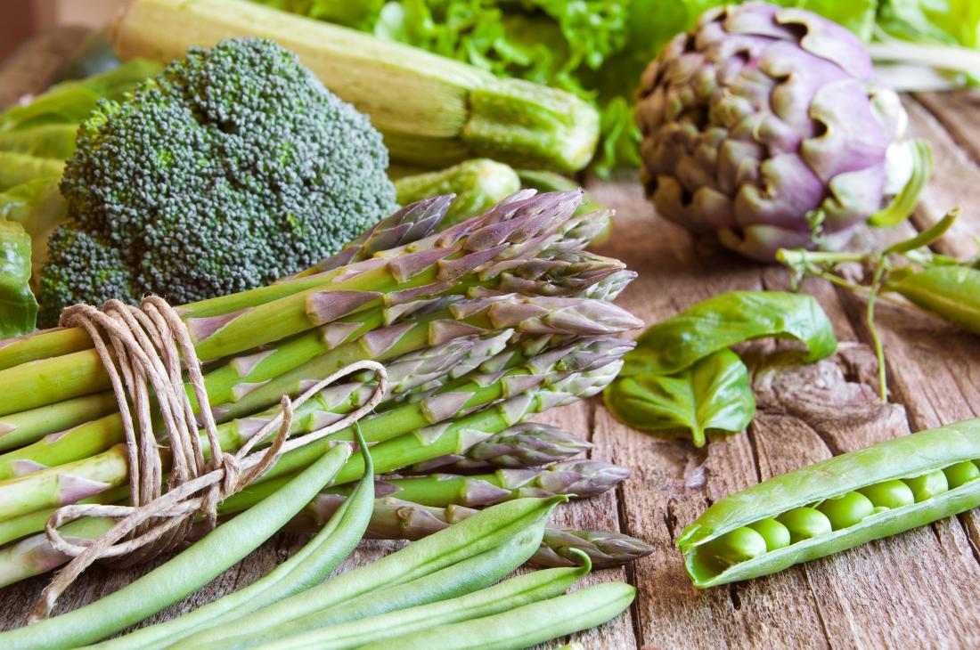 Various green vegetables including broccoli, peas, green beans, artichoke, salad, squash, and marrow.