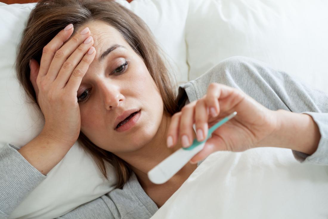 a lady in bed with a fever