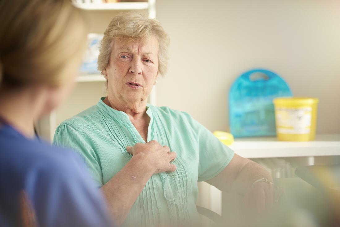 Senior lady at doctors with pain in her chest