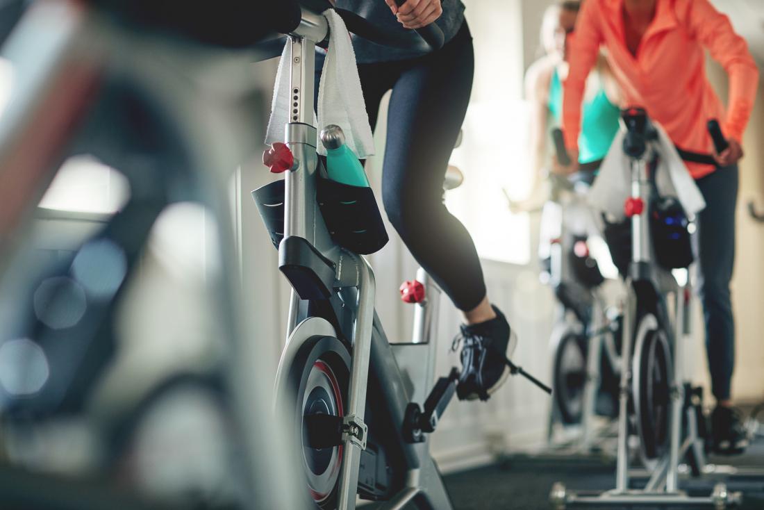 Exercises bikes in gym.