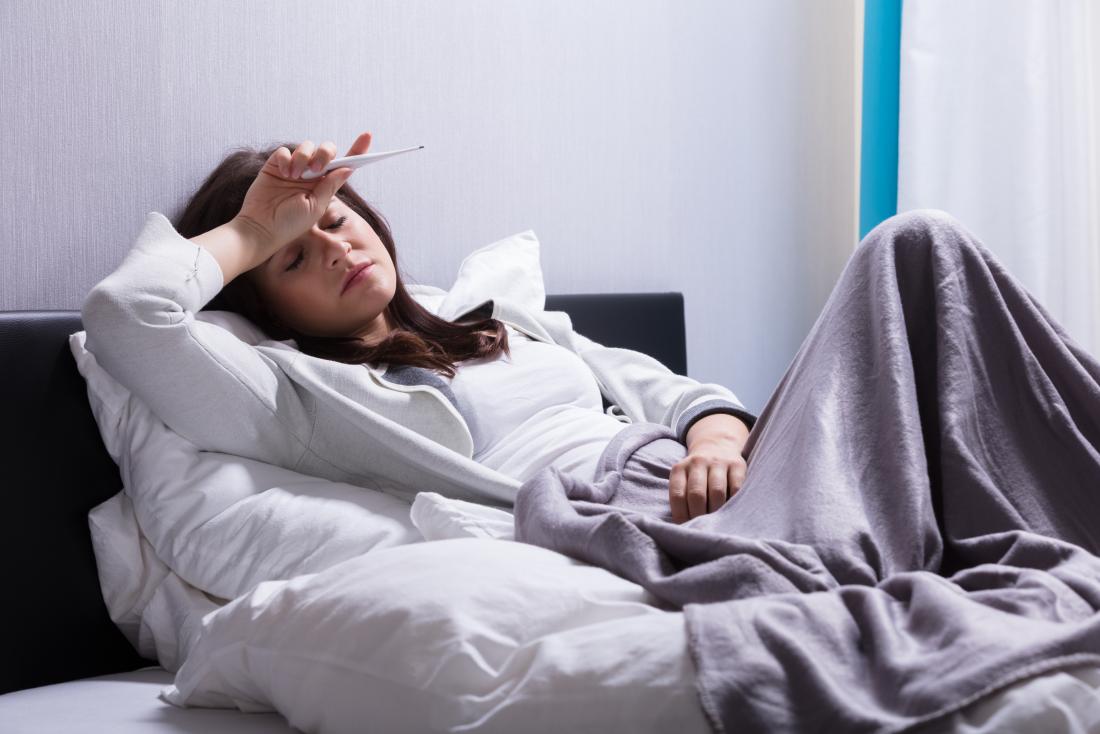 Woman in bed with high fever and oral thermometer.