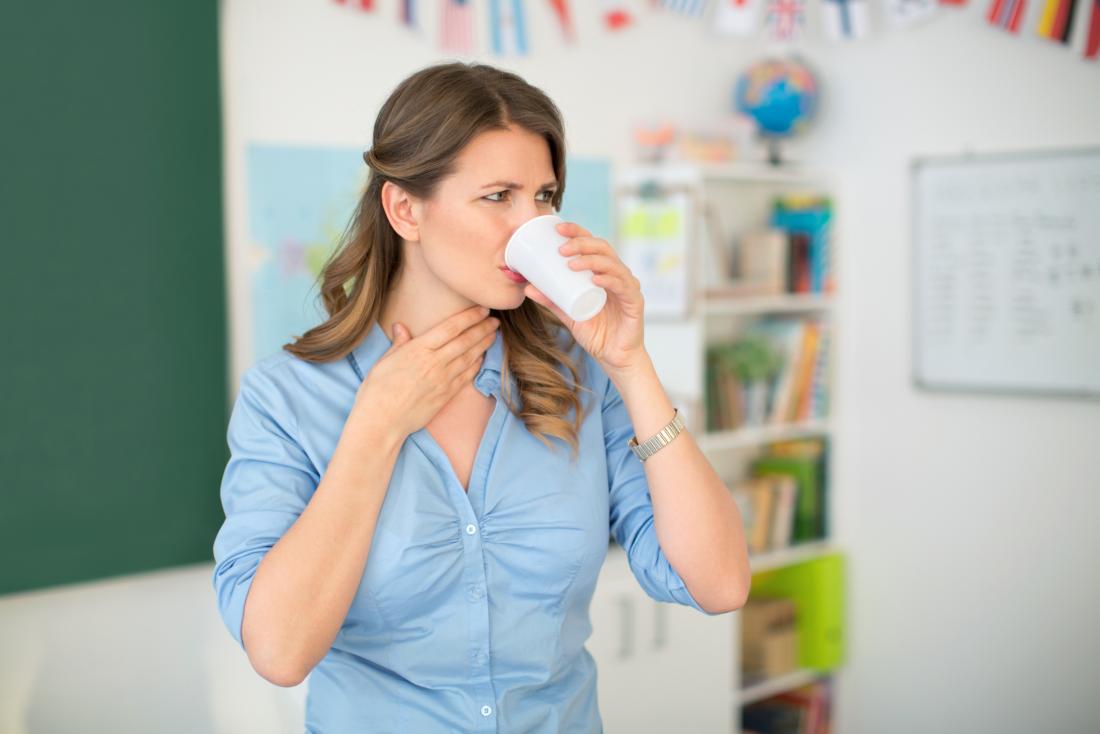 Woman drinking water and having pain when swallowing