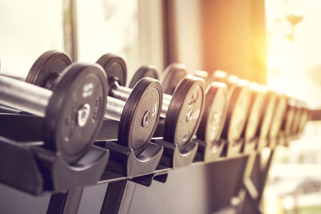 Set of dumbbell weights in gym