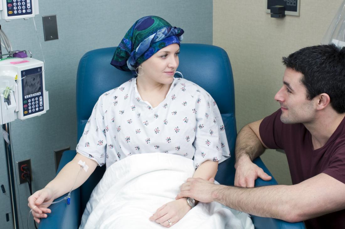 woman having chemotherapy accompanied by partner