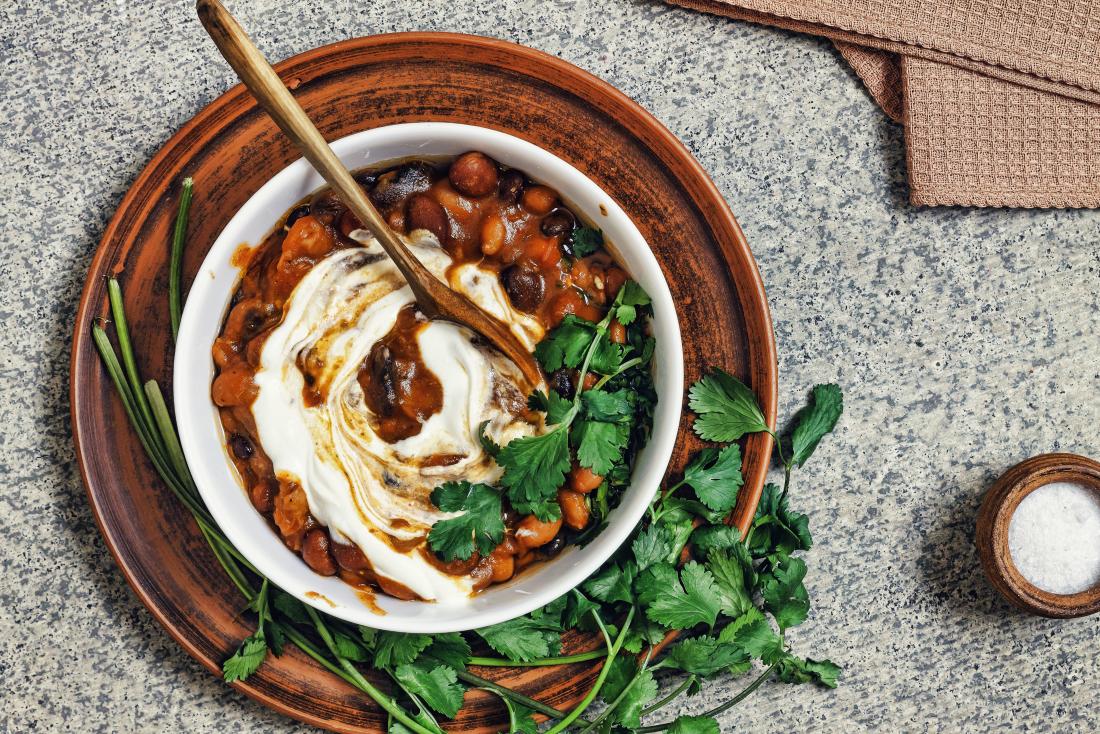 Mexican cuisine, Beans, red beans Chile, coriander, and yoghurt