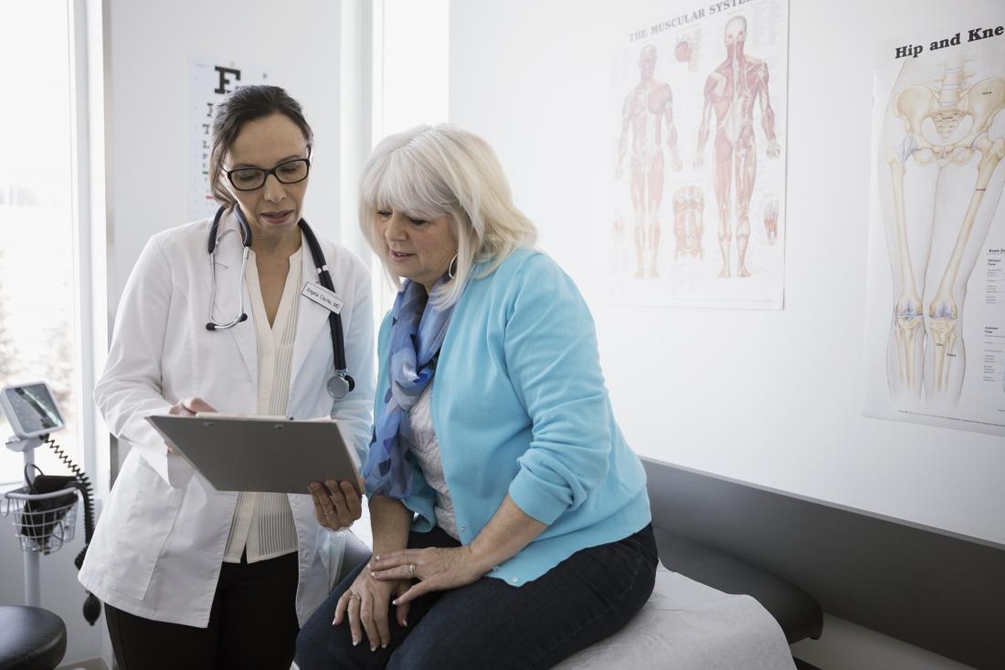 Female doctor showing clipboard to middle aged female patient
