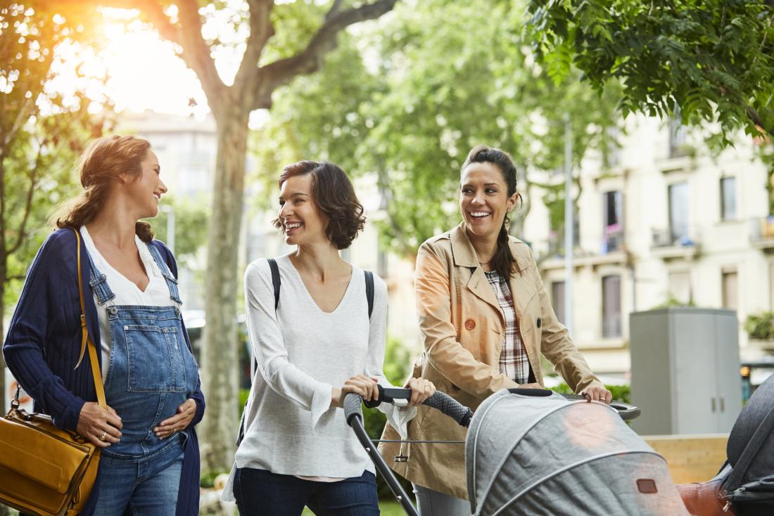 Group of mother's and pregnant woman walking with prams