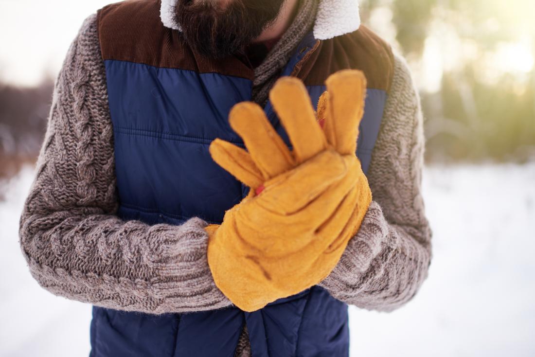Person in warm clothing outside in winter cold putting on gloves