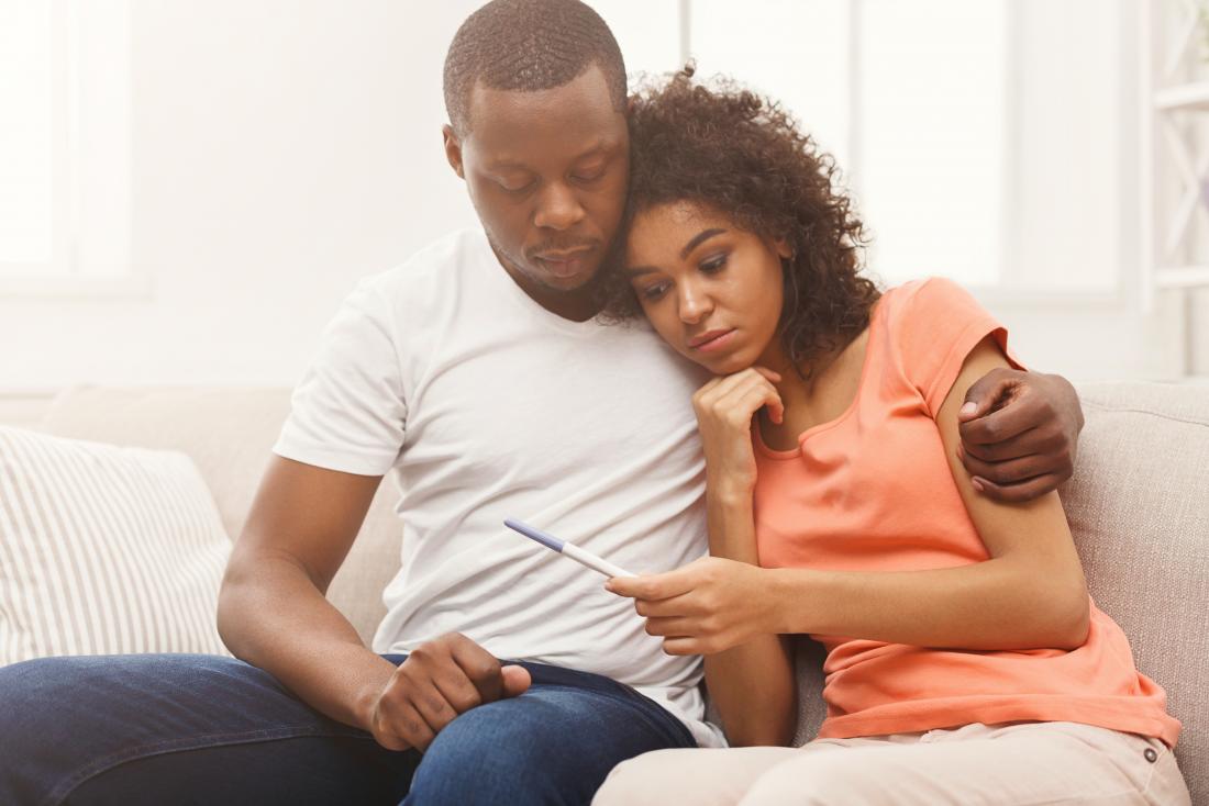 Couple looking sadly at a pregnancy test due to endometriosis and infertility