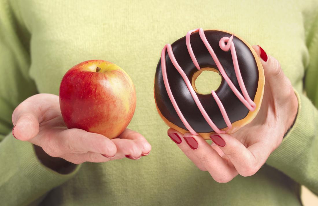 Person holding apple in one hand and doughnut in the other