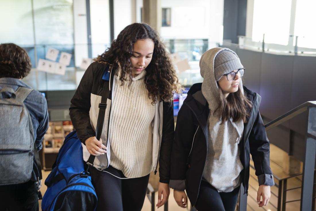 Students go up stairs