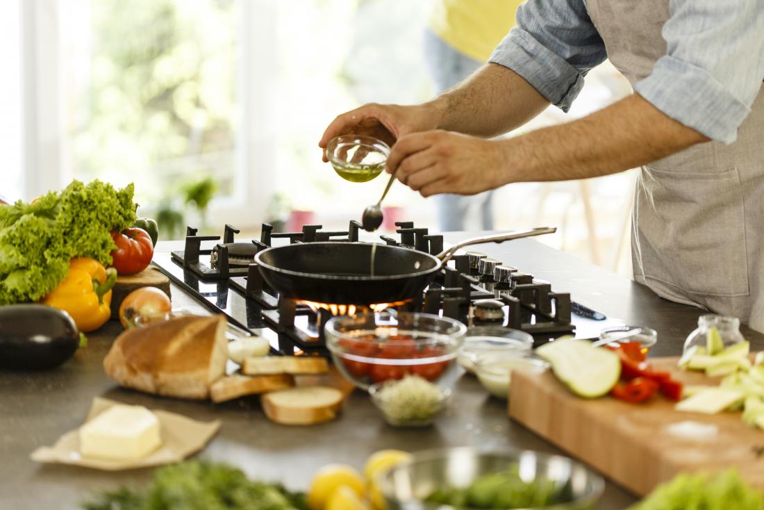 cook adding oil to pan