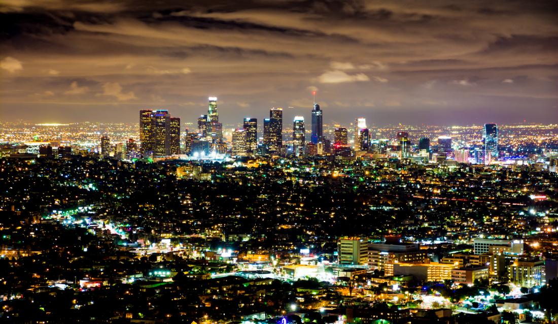 nighttime skyline with many lights