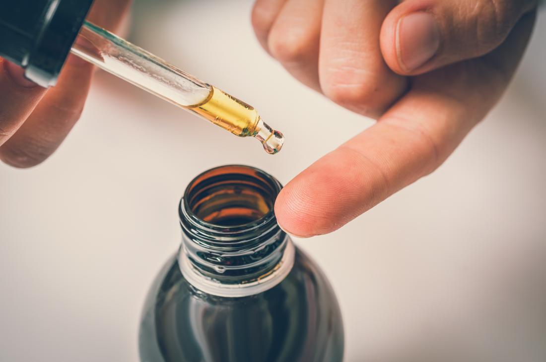 Person using essential oil dropper on skin on fingertip.