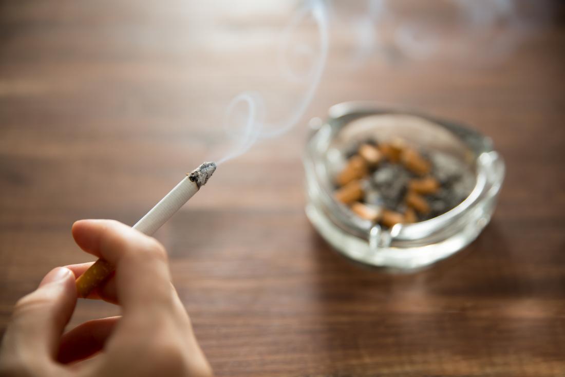 Cigarette being smoked next to an ashtray