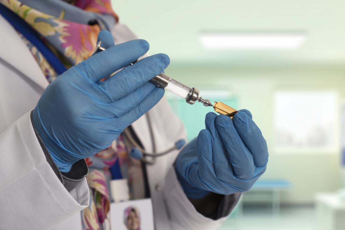 close up of physicians hands holding steroid injection