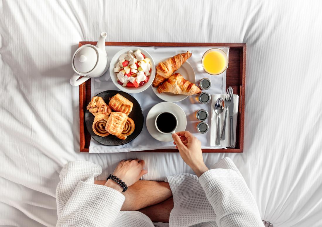 a tray with breakfast foods seen from above