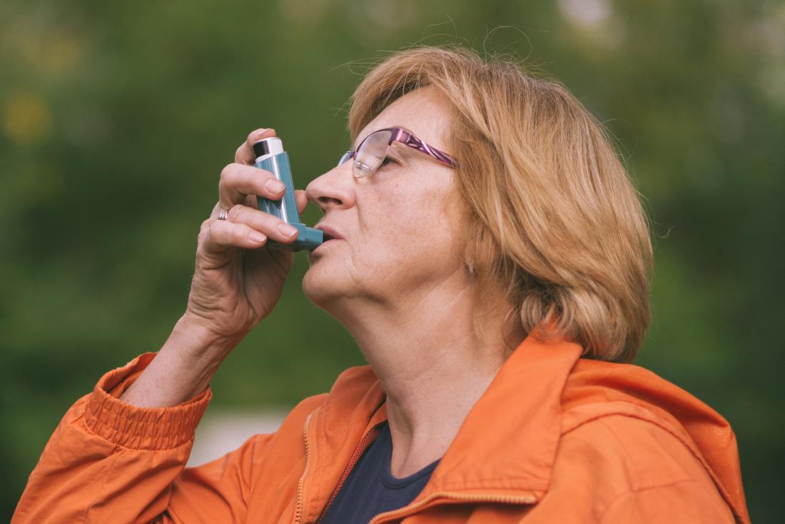 A woman using a Bronchodilators for breathing treatment.