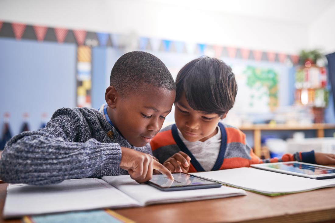 two young schoolboys working together in class