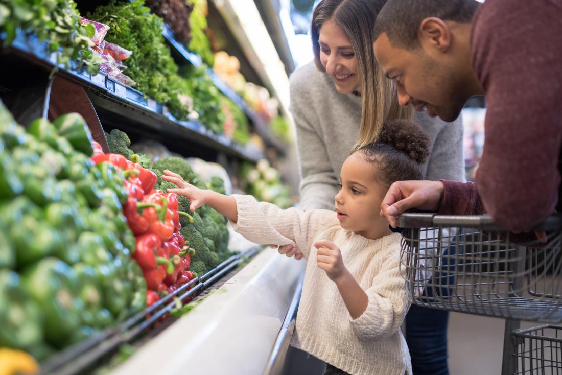 a family go shopping for vegetables because they need to fulfil their 6 Essential nutrients