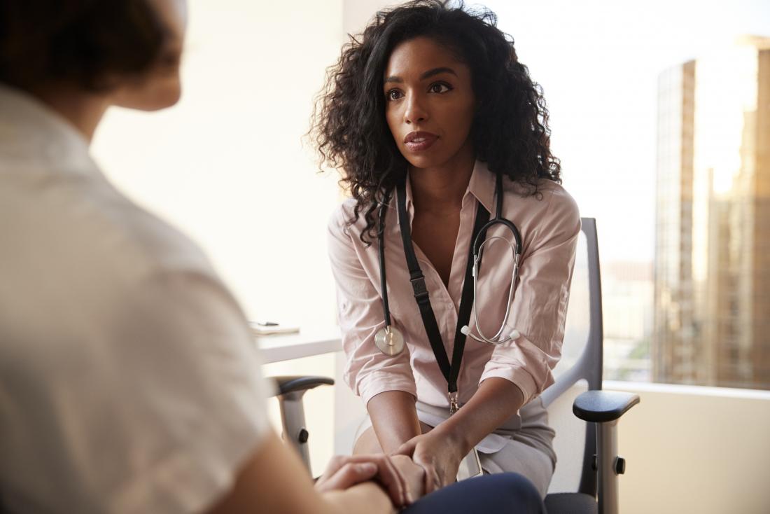 female doctor in office speaking to patient